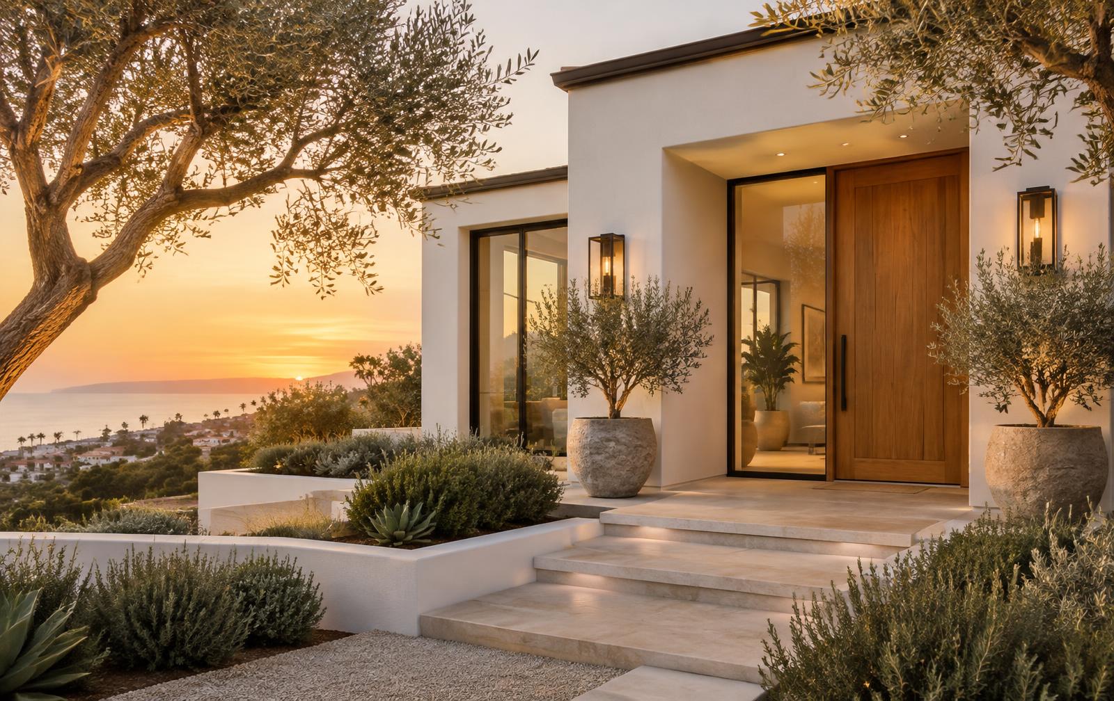 A Southern California home entry at golden hour, prepared to welcome guests